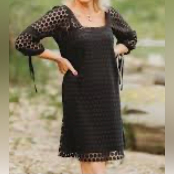 ANTHROPOLOGIE SOLITAIRE EYELET LACE AND EMBROIDERY DETAIL DRESS LINED NAVY SZ M - Picture 1 of 10